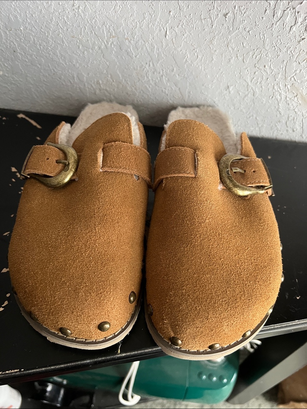 Suede Buckle Shearling-Lined Women's Clog in Tan